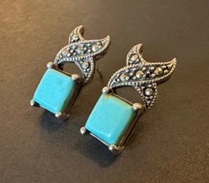 Sterling Ohrringe Türkis Markasit 925 x Pfosten eckig Halbedelstein elegant - Bild 1 von 15