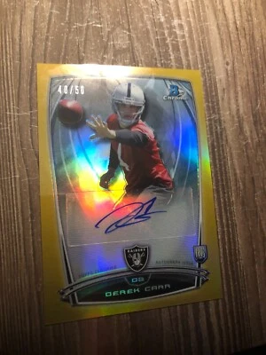 2014 Bowman Chrome Rookie Autographs Gold Refractors #RCRADC Derek Carr 40/50 - Image 1 of 2