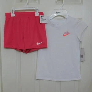 NWT 2pc Nike White Pink Logo Top & Aster Pink Shorts Set sz 4 6 or 6X - Picture 1 of 1