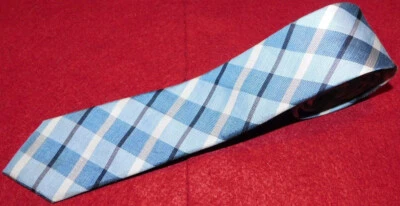 JOHN VARVATOS BLUE/WHITE/GREY CROSS STRIPED SILK/LINEN SLIM TIE - DESIGNER TIES. - Image 1 of 4