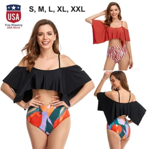 Women's Ruffle Bikini Set Off Shoulder Swimwear Bathing Suit High Waist Swimsuit - Picture 1 of 18