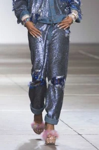 ASHISH Blue Sequin Fringe Boyfriend Distressed Denim Jeans XS S - Picture 1 of 7