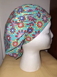 Teal w/ Flower's Bouffant Medical Scrub Surgical Hat SIZE S,M,L - Picture 1 of 2