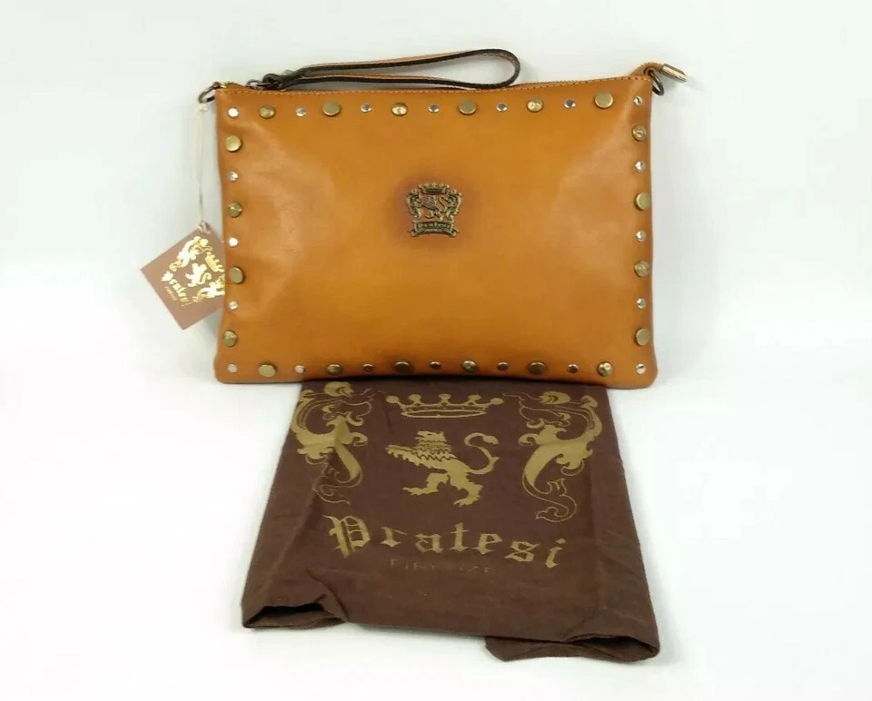 Pratesi Firenze Italian Leather Brown Gold Studded Crossbody Clutch Bag B456