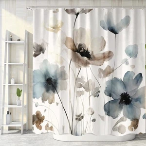 Boho Floral Shower Curtain, Cream Tan Beige Blue Grey White Watercolor Flower... - Picture 1 of 7