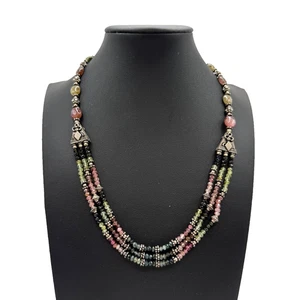 Vintage Multi Tourmaline Faceted 925 Sterling Silver Beaded Necklace Watermelon - Picture 1 of 10