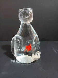 Vintage Art Glass Kitty Cat with Fish in Belly Paperweight Figurine 6”inch - Picture 1 of 7