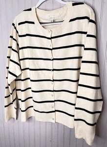 A New Day Women CARDIGAN 2X Black Ivory Striped Button Up Career NEW - Picture 1 of 12