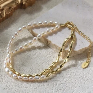 14ct Gold on Silver Dainty layered Pearl Chain Bracelet Freshwater Pearl - Picture 1 of 7