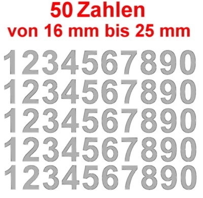 50 Zahlen Nummern SILBER-GRAU METALLIC Aufkleber Klebezahlen verschied. Größen - Bild 1 von 2