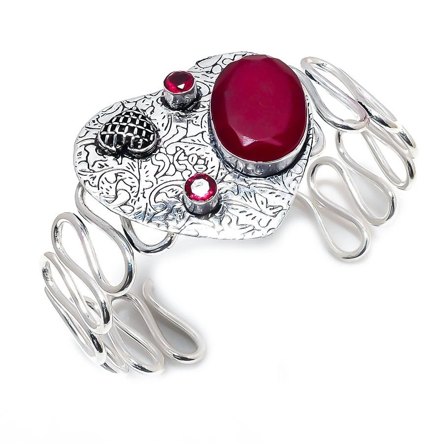 Ruby(Simulated), Garnet Gemstone 925 Silver Cuff Bracelet Adjustable R-3993 - Image 1 of 1