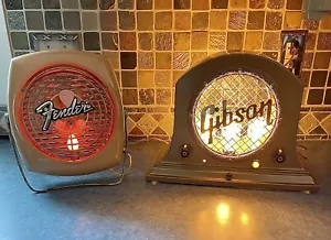 Antique Vintage Folk Art Gibson Amp Fender Guitar Sign Lamp Light Display Set - Picture 1 of 24
