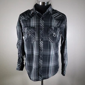 Machine Shirt Mens Medium Western Cowboy Rodeo Pearl Snap Gray Plaid Long Sleeve - Picture 1 of 9