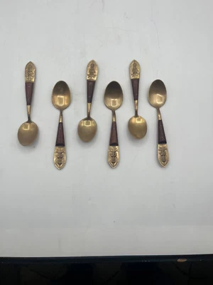 6 POSATE BUDDHA/ CUCCHIAINI IN OTTONE E LEGNO  - Immagine 1 di 4