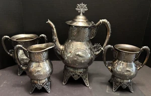 Meriden Silverplate 4pc TEA SET Aesthetic Style Birds Flowers Pierced Feet - Picture 1 of 24