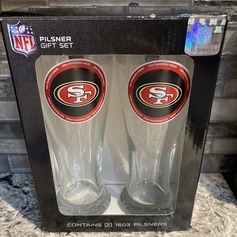 San Francisco 49ers Beer Glasses Pilsner 16 oz Pair of 2 Team Logo set New NFL Cover