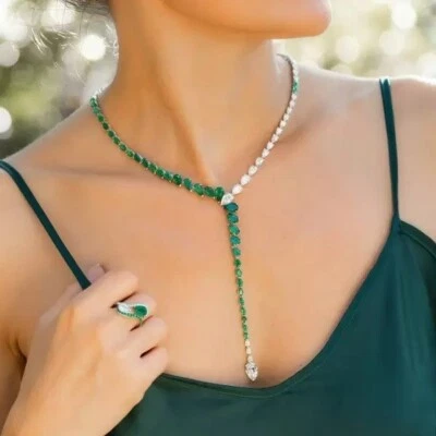 36Ctw Pear Green Emerald & Diamond 14k White Gold Plated Wedding Tennis Necklace - Image 1 of 4