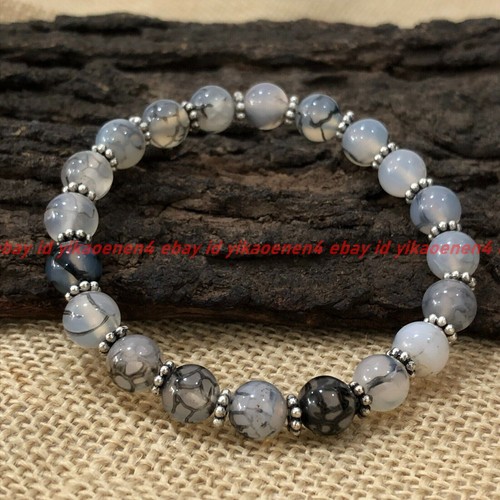 VALENTINO Bracciale elastico perline tonde gemme agata vena drago naturale 6 8 10 mm 7 5"