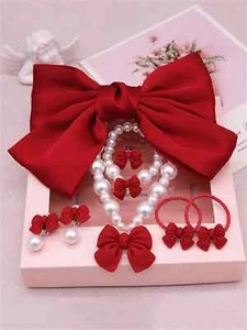 8pcs Kids Bow Hair Clips Set Hair Ties Pearl Necklace Bracelet Hair Accessories - Picture 1 of 3