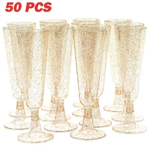 50 Elegant Plastic Champagne Flutes Cup with Gold Glitter for Parties - Picture 1 of 9