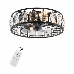 18" Enclosed Ceiling Fan Light Crystal Fandelier Caged Lamp w/Remote 3 Speeds - Picture 1 of 11