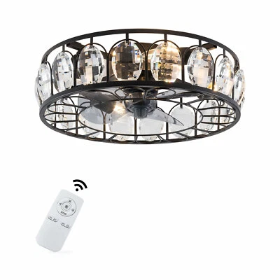 18" Enclosed Ceiling Fan Light Crystal Fandelier Caged Lamp w/Remote 3 Speeds - Image 1 of 4