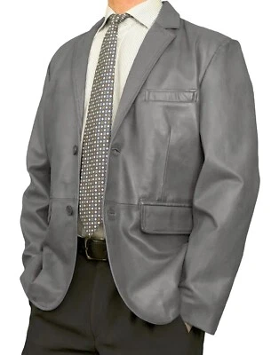 Herren Grau 100 % Echt Lammleder Leder Blazer Zwei Knopf Jacke Stilvoll Mantel - Bild 1 von 4