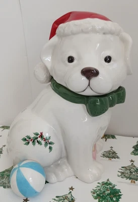 SPODE Christmas Tree Puppy Cookie Jar Doggie Treat Jar - Image 1 of 4