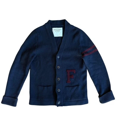 Abercrombie & Fitch Mens Cardigan Sweater Knit Burgundy Striped Letterman Large - Image 1 of 4