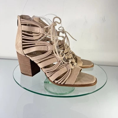 Vince Camuto Kaiann Heel Sandal Size 10 M Nude Suede Leather Lace Up Block Heel - Image 1 of 4