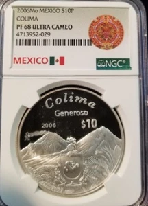 2006 MEXICO SILVER 10 PESOS COLIMA NGC PF 68 ULTRA CAMEO RARE GEM PROOF - Picture 1 of 3