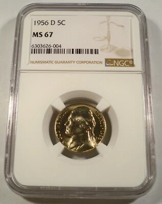 1956-D NGC MS67 JEFFERSON NICKEL NICE GOLD TINT 5c MS 67 - Image 1 of 4
