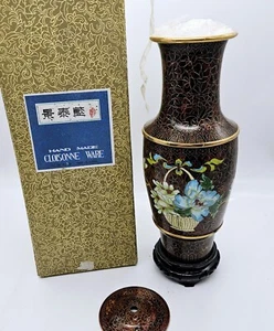 Chinese Cloisonne Ware Vase Lamp Base 12" Brown Blue White Flowers Enamel Brass - Picture 1 of 5