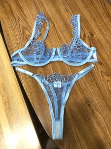 Sexy Lencería Azul Claro Talla S Sujetador de Encaje Tanga Conjunto Ropa Interior - Imagen 1 de 4