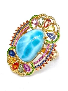 Mehers Larimar, Multi Sapphire & Champagne Diamond Yellow Vermeil Statement Ring - Picture 1 of 3