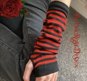 Long Black & Red Striped Fingerless Gloves | Goth Hand & Arm Warmers -Emo Punk - Picture 1 of 6
