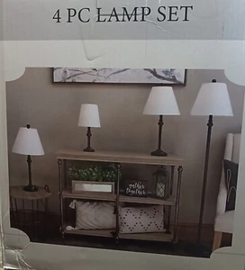 Lamp Set 4pc  Home Matte black finish with White Fabric Shades - Picture 1 of 4