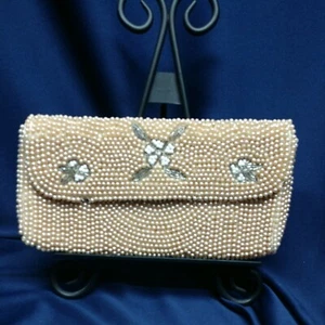 Vintage Beaded Clutch Beige Detailed Japan Snap Marked M M KANE - Picture 1 of 5
