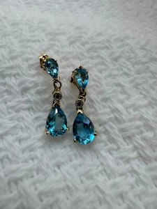 14k Yellow Gold Natural Blue Topaz and Diamond Dangle Stud Earrings Estate Piece - Picture 1 of 5