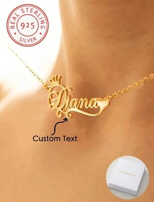 Collier Prénom Personnalisé En Argent Sterling 925 Avec Couronne Et Cœur Doré Or - Photo 1/4