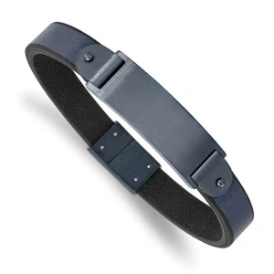 Stainless Steel Brushed Dark Grey IP-plated Blue Leather 8.5in ID Bracelet - Picture 1 of 3