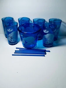 Hazel Atlas Cobalt Blue Glass Windmill Ice Bucket, 6 Juice Glass 6 Stir Sticks - Picture 1 of 8