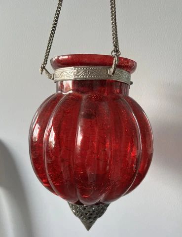 Vtg Red Satin Glass Hanging Globe Candle Lamp Drape Swag MCM Cover
