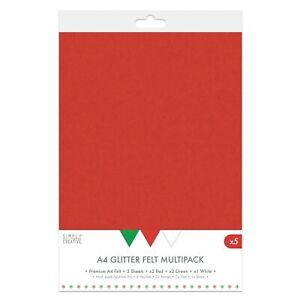 Simply Creative Premium A4 Red/Green/White Glitter Felt Sheets x 5 Multiple Pack