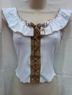 Vintage 1990’s White laceup frilly dark 'suede' top. Est. size 8 - 10. - Image 1 of 2