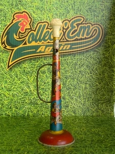 10.5" Lithograph Tin TOY HORN NOISE MAKER HANDLE TIP US METAL TOY MFG CO rare - Picture 1 of 10