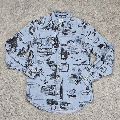 Levi’s The Western 男式珍珠扣牛仔衬衫小号冲浪海滩印花全新带标签 — 第 1/4 张图片