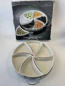 Godinger Modern Appetizer Serveware Porcelain 6 Section Relish Server Metal Rack - Picture 1 of 10