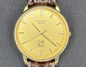 Pulsar Mens Quartz Watch V501-0A50 Japan Movement Gold Tone Dial Brown Leather - Picture 1 of 11