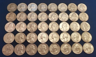 Lot of 40 ($10 face) *Circulated* 90% Silver Washington Quarters all pre 1965 - Image 1 of 4